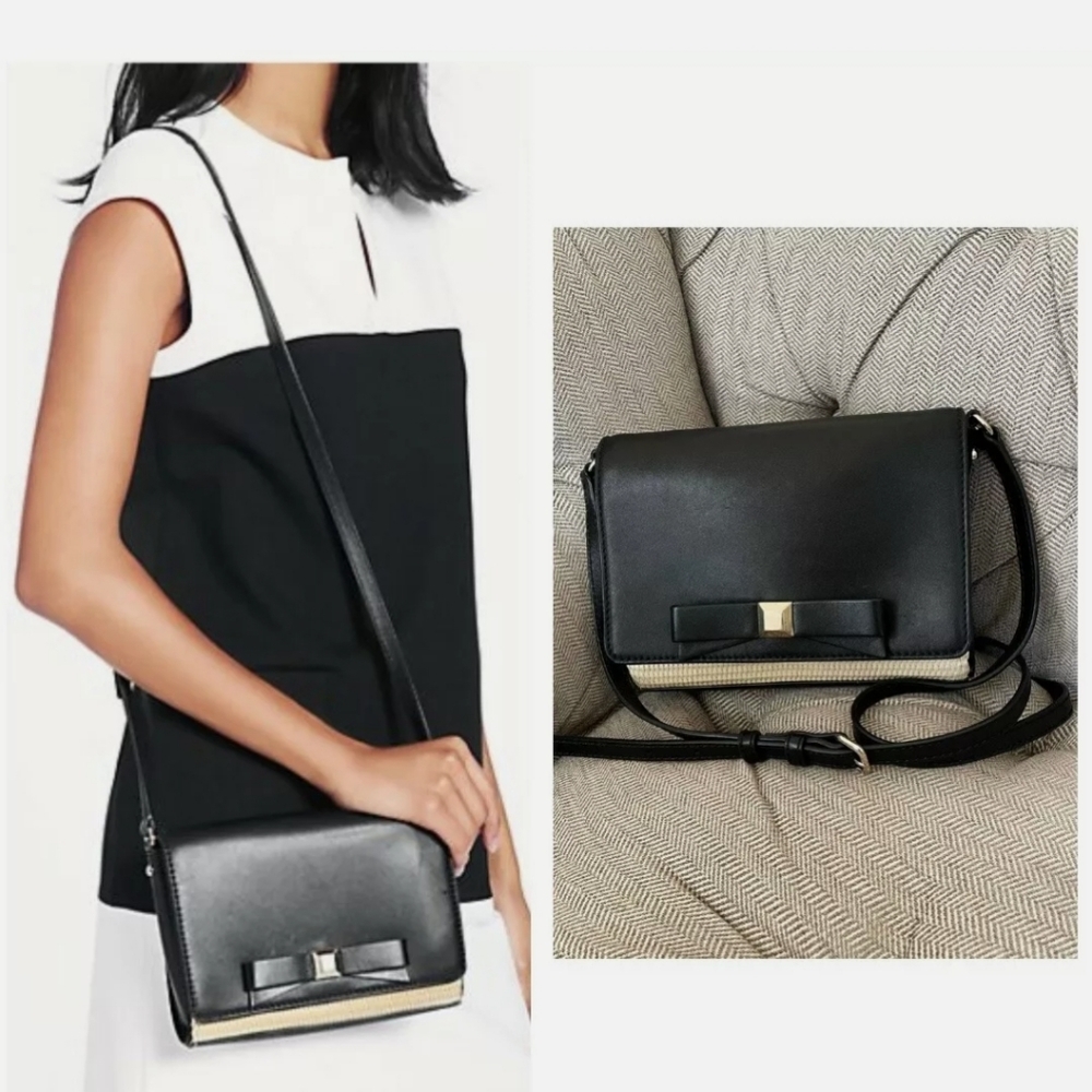 Kate Spade Black,  Striped Straw and Leather Crossbody White Silver Gold